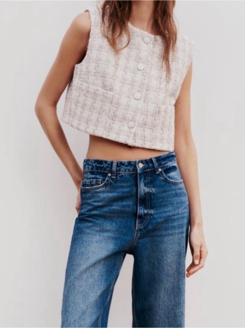 Zara Pink Tweed Cropped Button-Front Tank - Picture 2 of 4